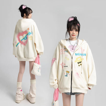 Y2k Zipper Hoodie Women Oversized Anime Pattern