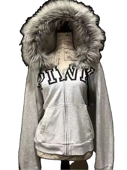 Retro Gothic Y2K Black Fur Collar Zipper Sweatshirt