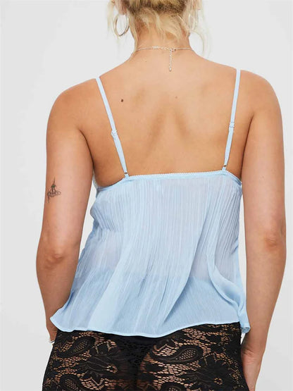 Elegant Women's Tank Top - Pleated Lace Camisole with Bowknot & Spaghetti Straps