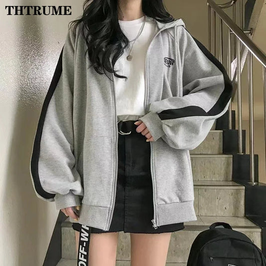 Striped Korean Hoodie Y2K Zipper Oversized Streetwear Sweatshirt