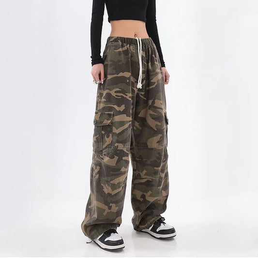 Urban Chic - Oversized Camo Cargo Pants for Women with Drawstring Waist