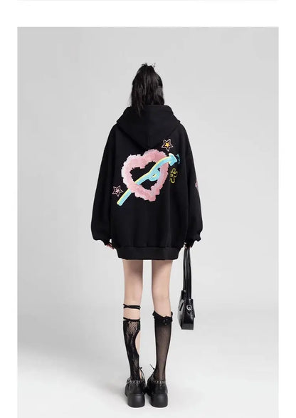 Y2k Zipper Hoodie Women Oversized Anime Pattern