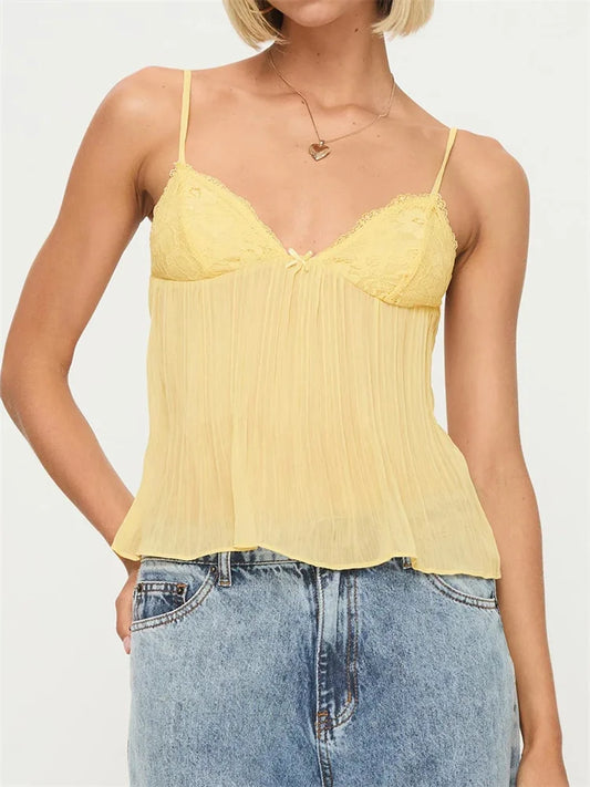 Elegant Women's Tank Top - Pleated Lace Camisole with Bowknot & Spaghetti Straps