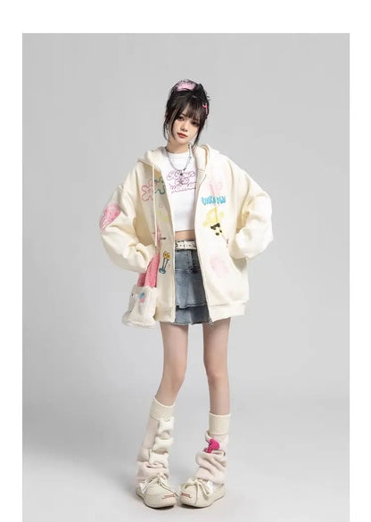 Y2k Zipper Hoodie Women Oversized Anime Pattern