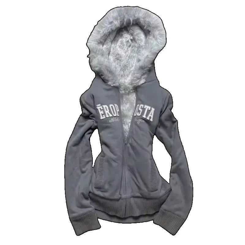 Retro Gothic Y2K Black Fur Collar Zipper Sweatshirt