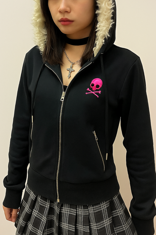 Retro Gothic Y2K Black Fur Collar Zipper Sweatshirt
